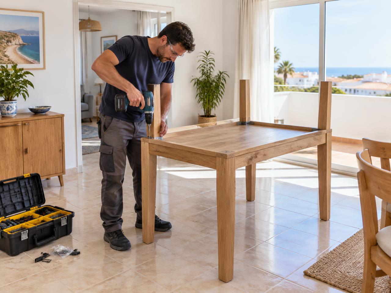 Profissional a montar uma mesa num pequeno trabalho